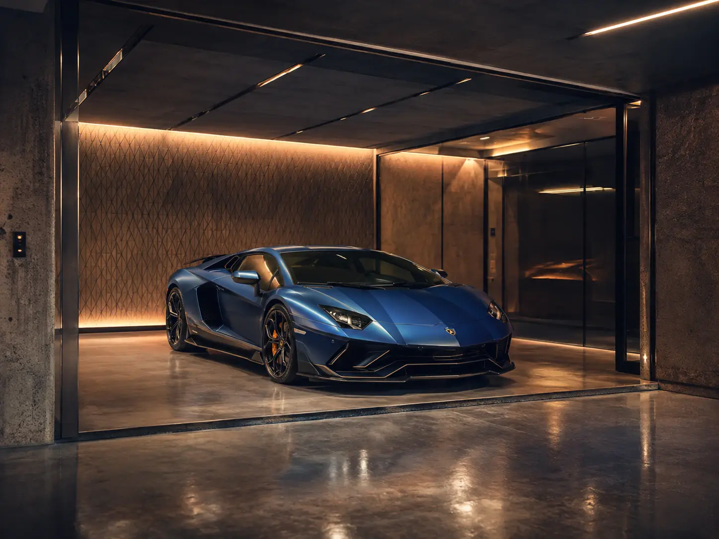 Blue premium supercar in an architectural private garage
