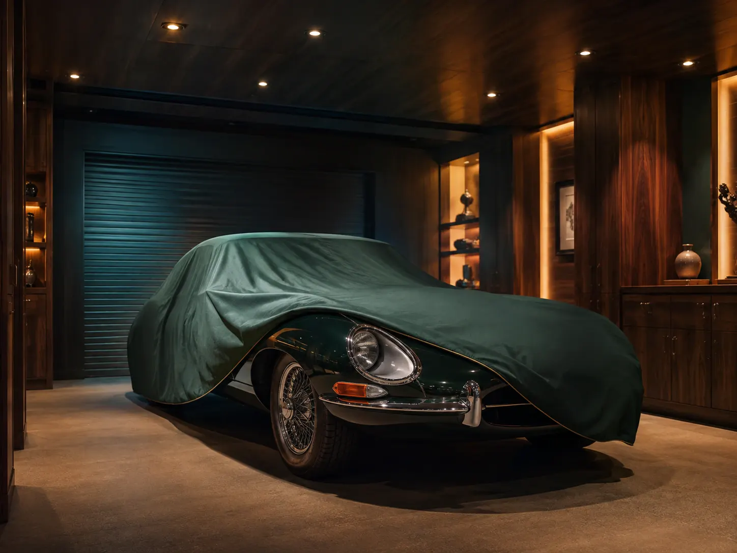 Classic vehicle under protective cover in an elegant room