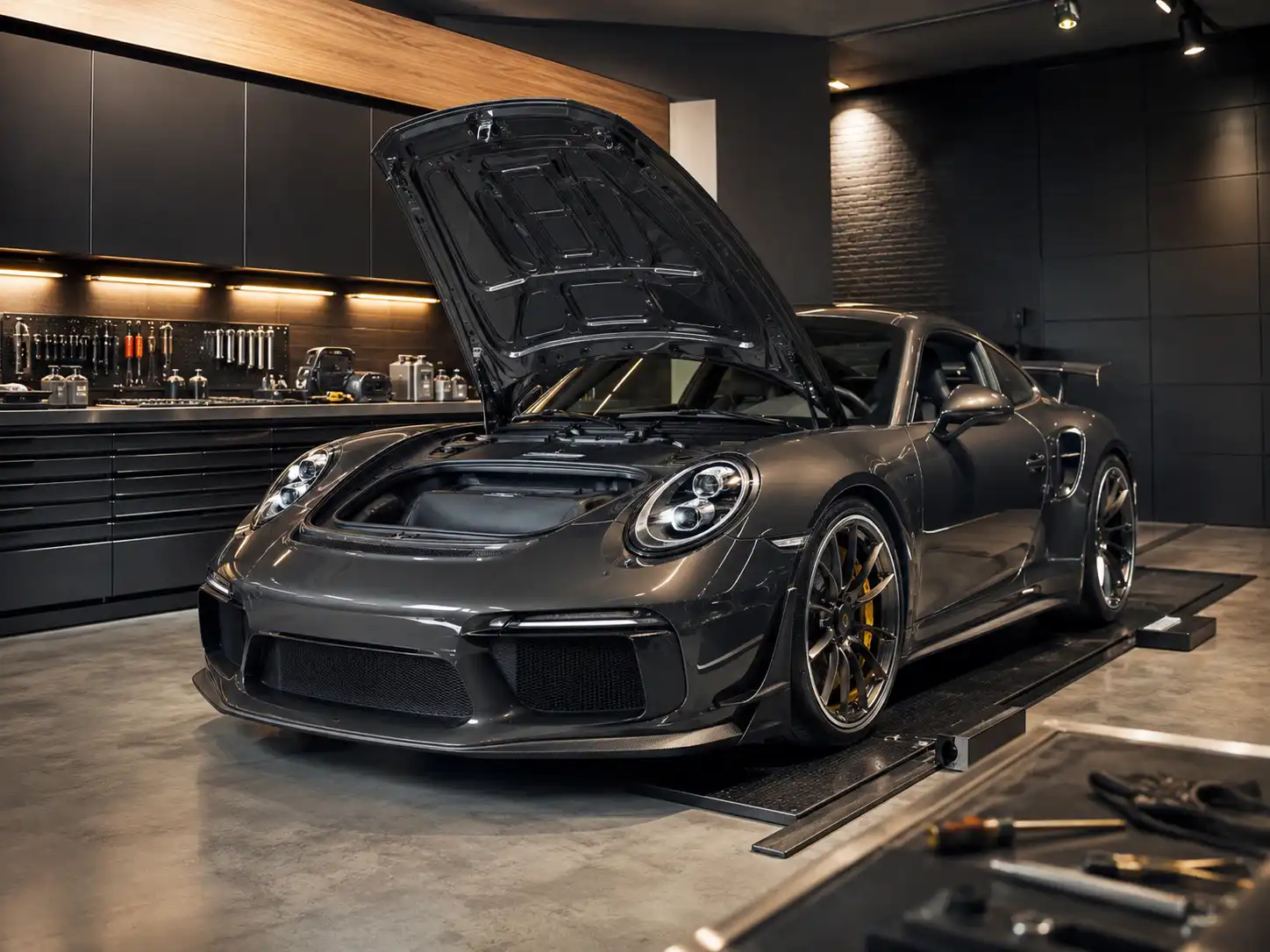 Technical care bay with premium sports car