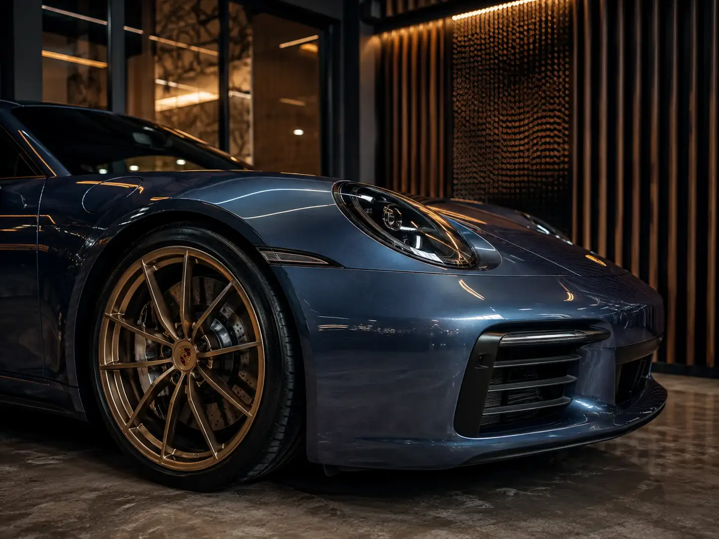 Detailed close-up of a premium sports car in a moody showroom