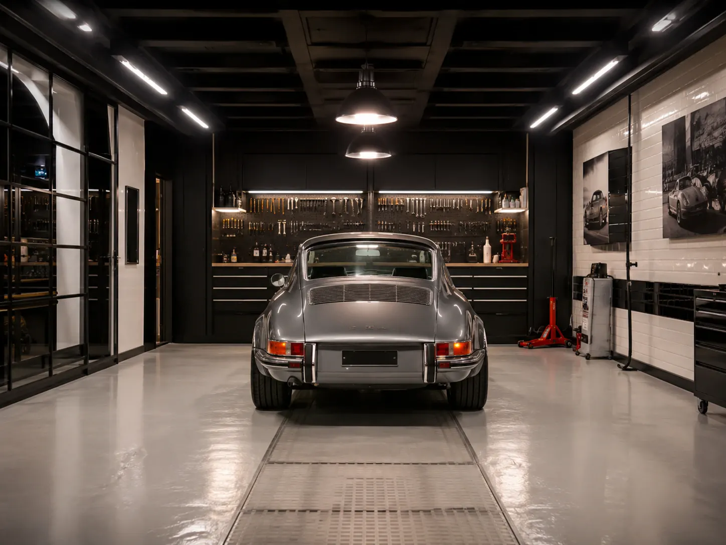 Classic and modern collector cars inside luxury automotive space